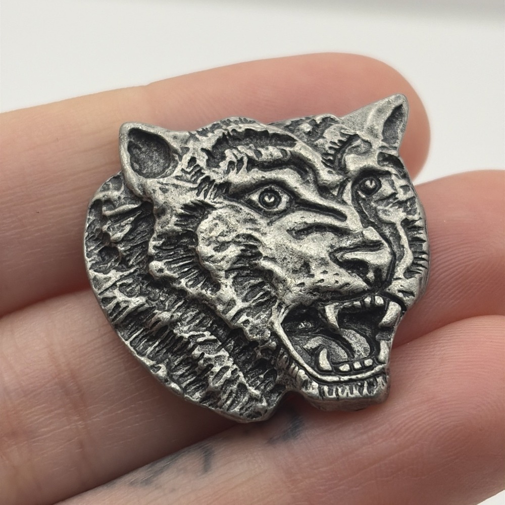 Vintage Pewter Tiger Head Lapel Pin Heavy Detailed Animal Brooch Wild Cat